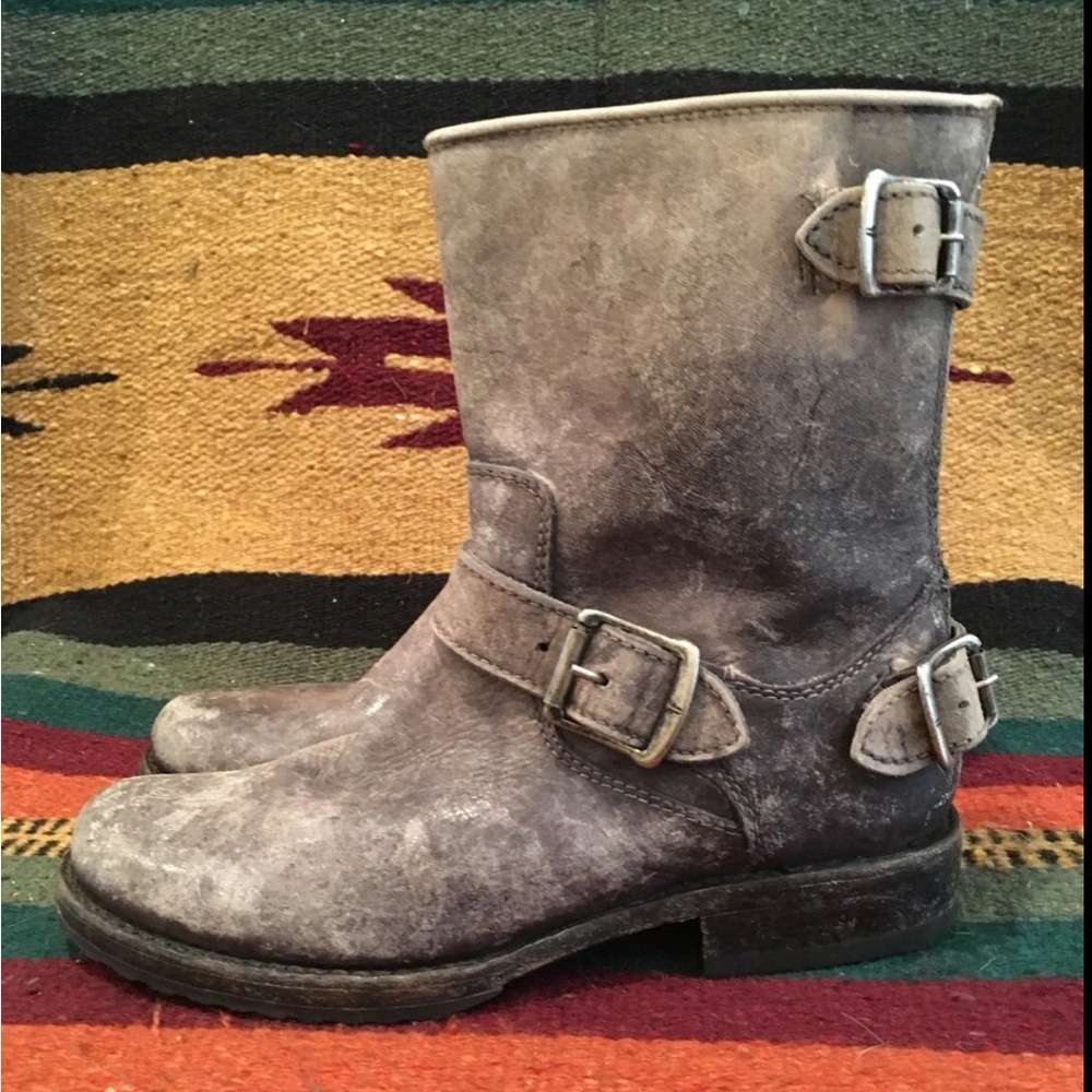 FRYE Gray Distressed Leather MOTO Ankle Boots Strap Buckle 5.5M MEXICO NEW!!!